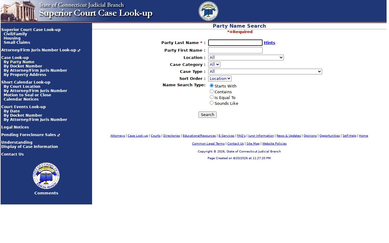 Connecticut Civil Inquiry party-name search used for Waterbury records