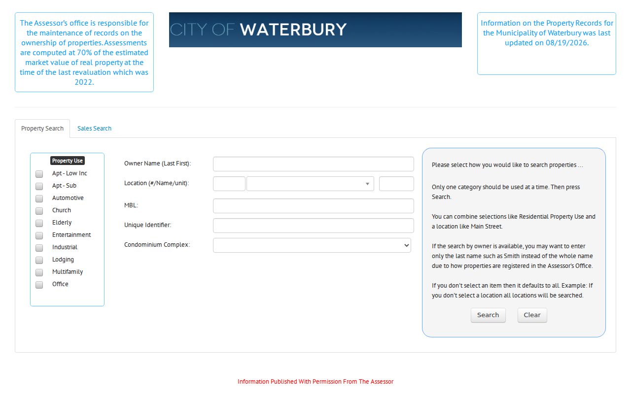 Waterbury eQuality property search fields for owner, location, street, and MBL