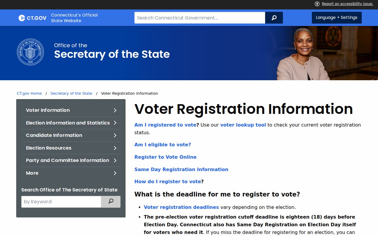 Connecticut voter information page directing Waterbury residents to the official lookup