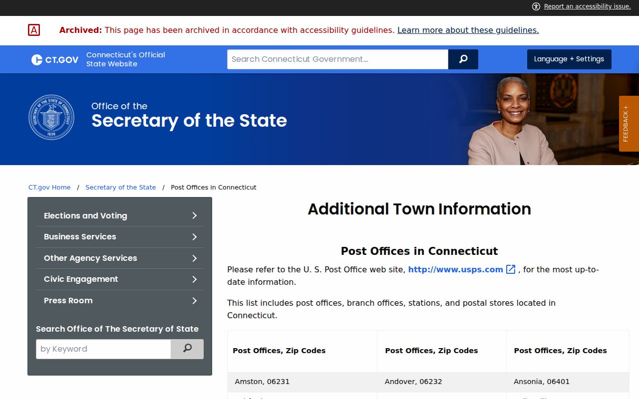 Connecticut post-office list showing Waterbury stations and ZIP assignments